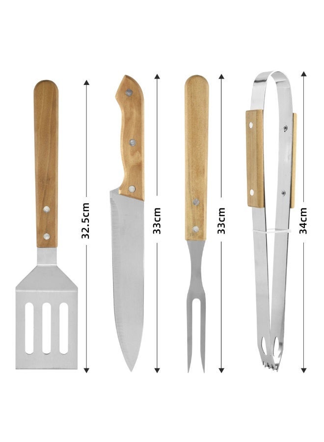 4-Piece Wooden Handle BBQ Tool Set – Stainless Steel Utensils with Classic Wood Grips & Black Carry Case, Essential Grilling Kit - Image 3